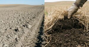 Soil structure comparison: deep plowing vs reduced tillage showing moisture retention and earthworms