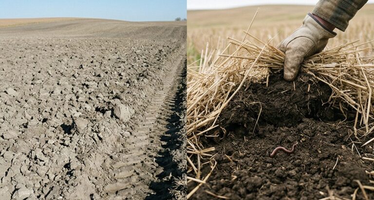 Soil structure comparison: deep plowing vs reduced tillage showing moisture retention and earthworms